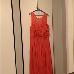 Coral long David’s Bridal Bridesmaid dress